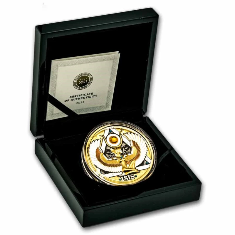 Kameroen: zilveren munt Isis 2025 hoogreliëf verguld 5 oz Verzamelmunten
