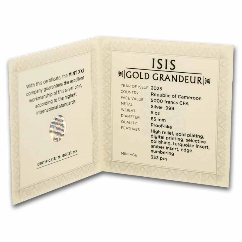 Kameroen: zilveren munt Isis 2025 hoogreliëf verguld 5 oz Verzamelmunten