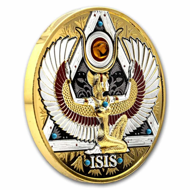 Kameroen: zilveren munt Isis 2025 hoogreliëf verguld 5 oz Verzamelmunten