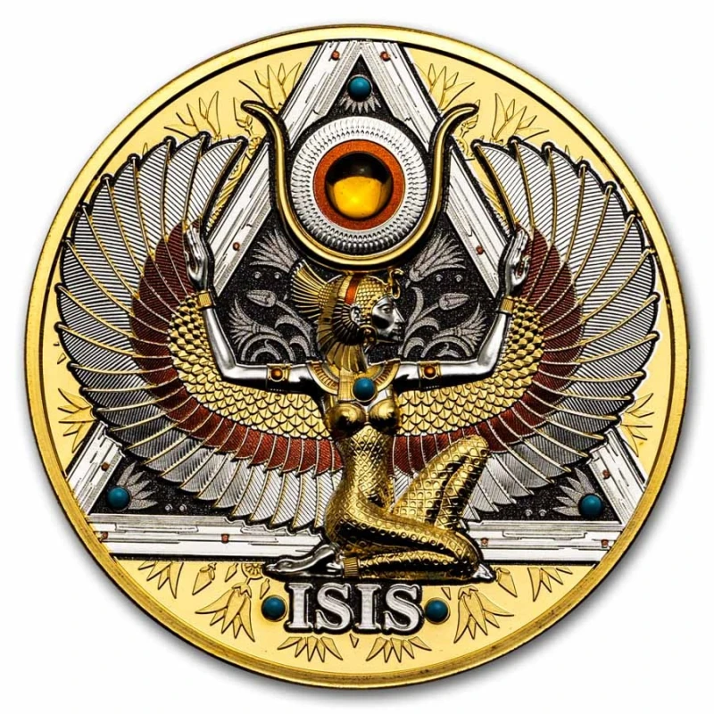 Kameroen: zilveren munt Isis 2025 hoogreliëf verguld 5 oz Verzamelmunten