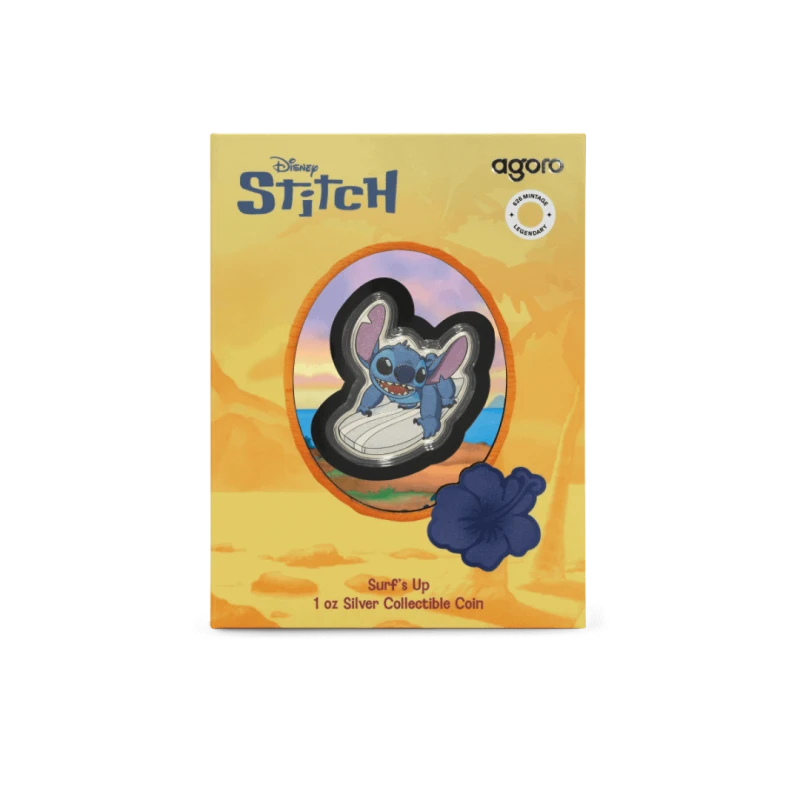 Niue: zilveren munt Stitch Surf's Up 2025 Gepolijste plaat ingekleurd 1 ounce Verzamelmunten