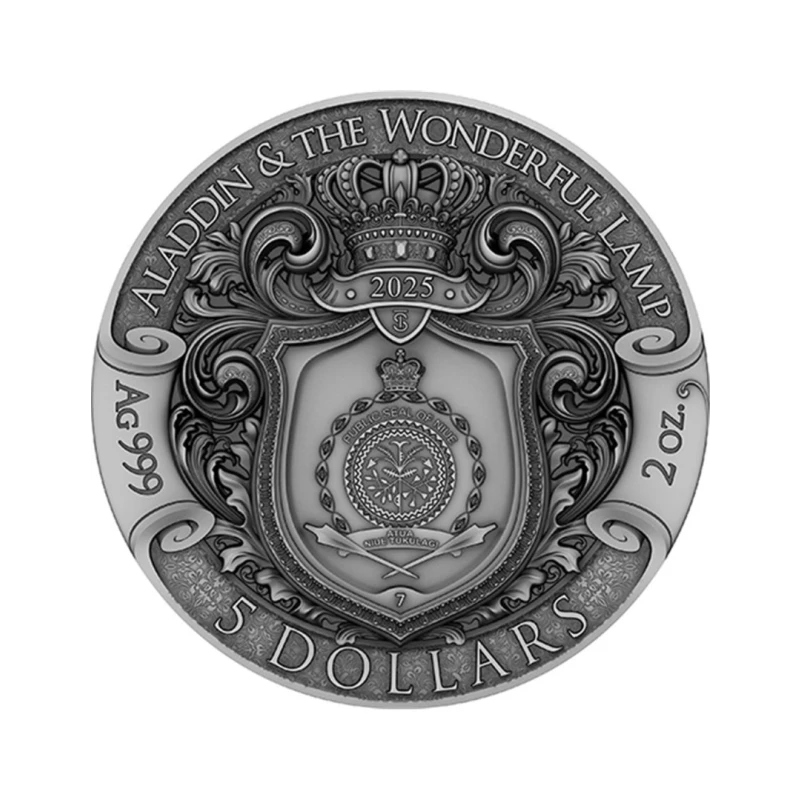 Niue : pièce en argent Aladin et la lampe merveilleuse 2025 dorée colorée 2 Once Pièces de collection
