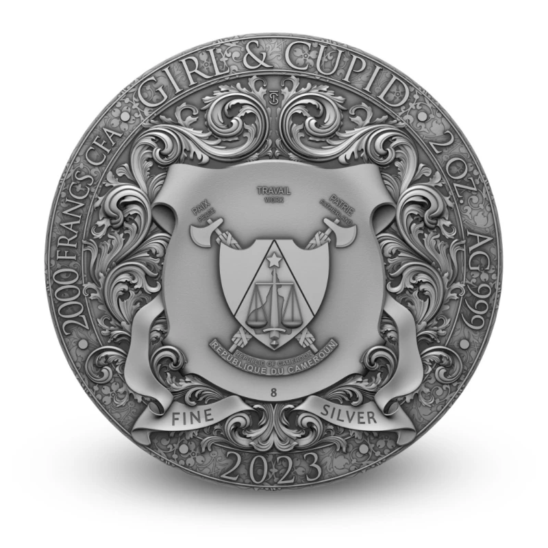 Cameroun : pièce en argent Fille et Cupidon 2023 2 once Pièces de collection