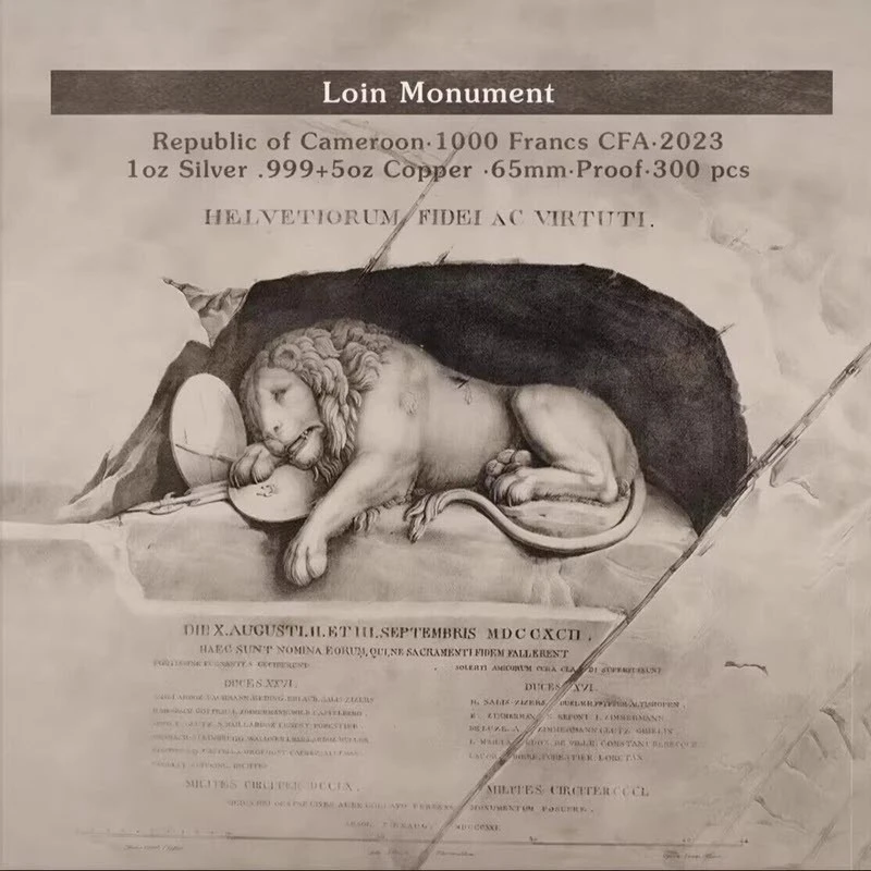Cameroun : pièce bimétallique Le Lion triste de Lucerne 2023 Belle Épreuve 6 Once Pièces de collection
