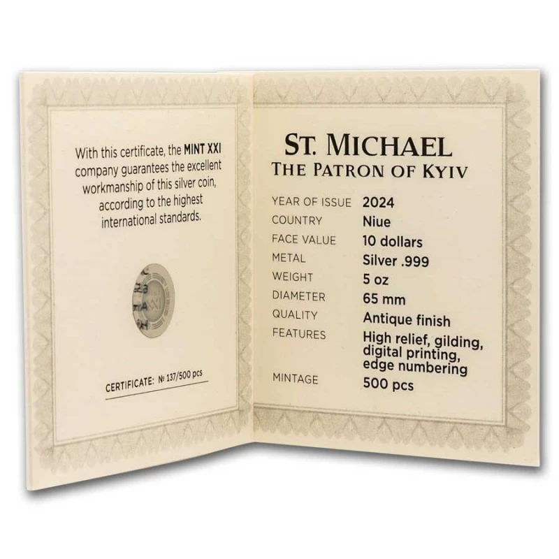 Niue: zilveren munt St. Michael de Aartsengel 2024 gekleurd 5 ounce Verzamelmunten