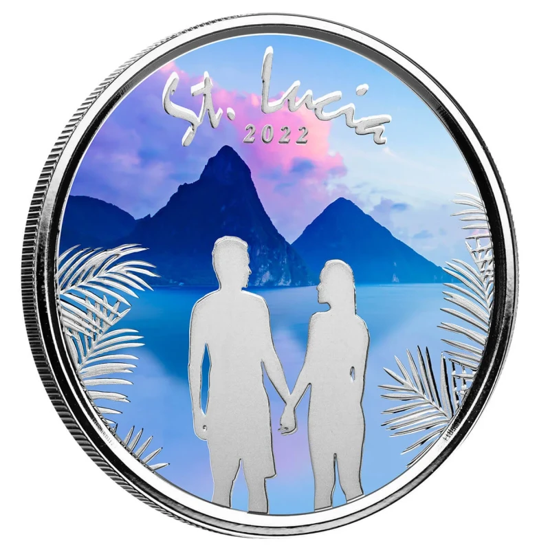 Saint Lucia zilveren munt Romantic Couple 2022 Gepolijste plaat gekleurd 1 ounce Verzamelmunten