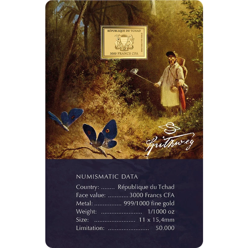 Goldmünze Chad Carl Spitzweg Schmetterlingsjäger 1/1000 oz  Sammlermünzen