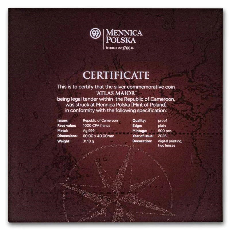 Kameroen zilveren munt Atlas Maior 2026 gepolijste plaat 1 ounce Verzamelmunten